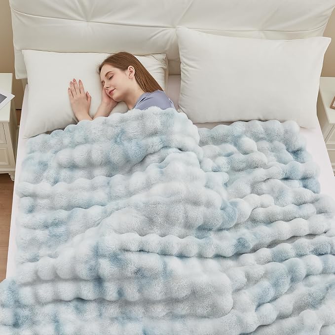 Anysay Faux Fur Throw Blanket, 1000GSM Fluffy Soft Bubble Blanket 60''*80'' | Cozy Plush Warm and Thick Blanket for Couch Bed, Fuzzy Rabbit Throw for Living Room Bedroom Tie-dye Blue