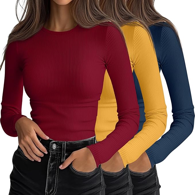 Ficerd 3 Pack Women's Ribbed Long Sleeve Tops, Crew Neck Slim Fit Undershirts Knit Basic Casual Stretch Layering Tee Shirts