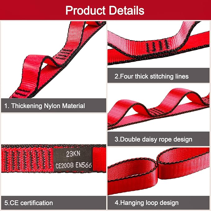 DASKING 23KN (5070 lbs) Heavy Duty Straps - 2 Pack Adjustable Daisy Chain Webbing for Aerial Yoga, Hammock, Fitness & Rigging - CE/EN566 Certified, Red/Grey
