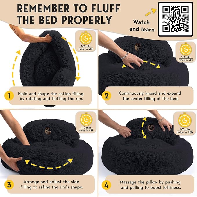 PetJett Calming Dog Bed for Small Dogs – 23" Donut Dog Beds, Anti-Slip & Washable Fluffy Plush Faux Fur Pet Bed, Anti-Anxiety Premium Comfort Round Puppy Bed, Fits Dogs up to 25 lbs – Black
