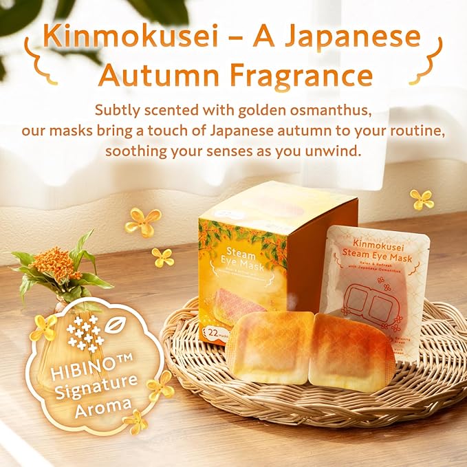 HIBINO | Steam Eye Mask | Self-Heating Warm Eye Masks for Relaxation, Sleep & Stress Relief | Gentle Heat for Dry, Puffy Eyes | Japanese Self Care for Women | Kinmokusei Aroma | 22 Pack