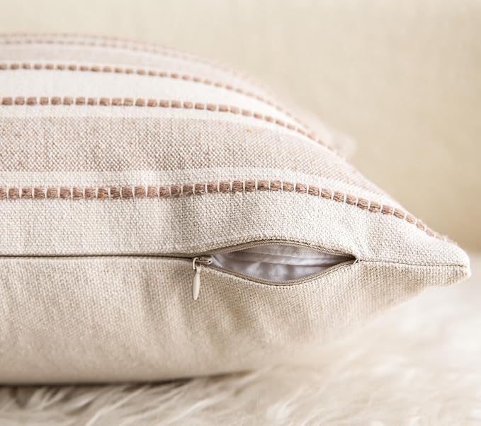 Cethom Decorative Boho Throw Pillow Covers, Farmhouse Textured Pillow Case, 20 x 20 Inch Set of 2, Chair Sofa Bedroom Living Room Home Decor Couch Cushion Case, Taupe and Beige Striped