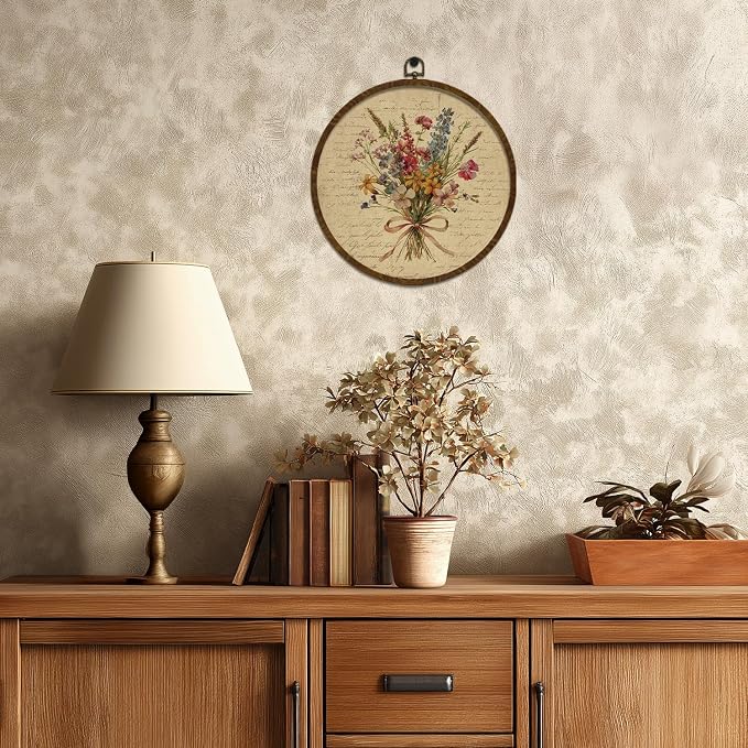 Vintage Floral Round Wall Art Decor,Retro Flower Wall Art Decoration, Watercolor Wildflower Botanical Canvas Print with Frame,Farmhouse Decor for Bedroom Living Room Gallery Space10x10inch (Letter Flowers-03)
