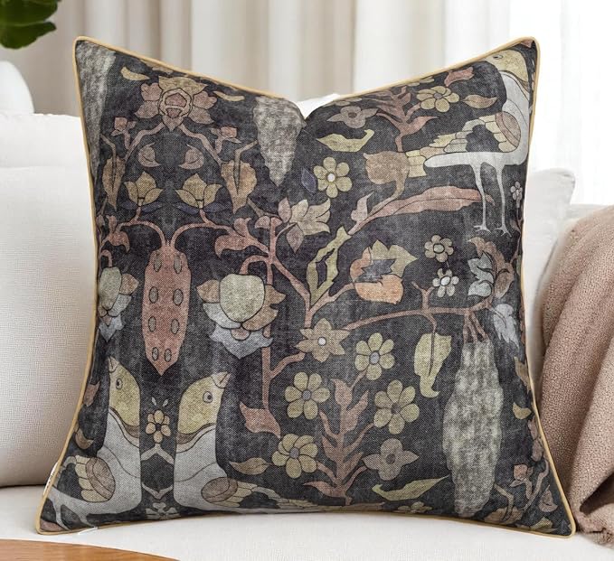Bird Floral Print 22x22 Throw Pillow Cover, Charcoal | Folk-art birds and blooms on charcoal slub, muted gold piping; both sides printed; hidde; cover only
