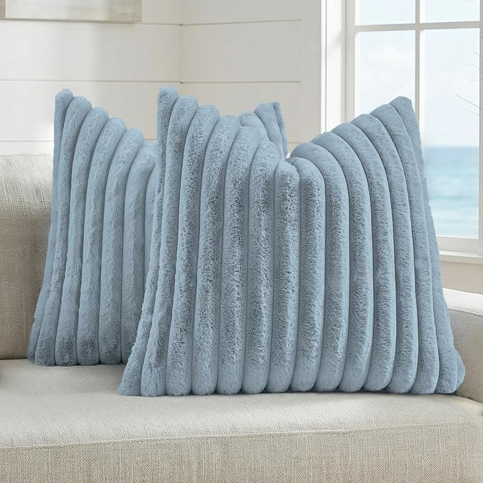 FUTEI Pack of 2 Faux Fur Throw Pillow Covers 20x20 Inch, Dusty Blue | Fluffy Faux Rabbit Fur Front/Premium Velvet Back,Hidden Zipper,Machine Washable,Non-Shedding,Colorfast,Insert Not Included.
