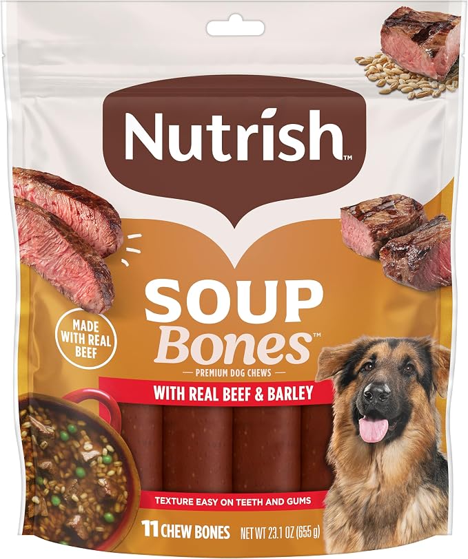Nutrish Soup Bones Beef Dog Chews, 23.1 oz. Bag (11 Treats) (Rachael Ray) | Rawhide-Free, Contains No Artificial Flavors or By-Product Meals, Soft Texture, Easy on Gums, Resealable Bag
