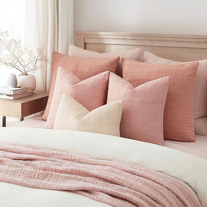 Foindtower Set of 2 Decorative Linen Check Throw Pillow Covers Neutral Farmhouse Vintage Cushion Covers Modern Boho Accent Home Decor for Sofa Chair Couch Bedroom Living Room,16×16 Inch,Light Pink