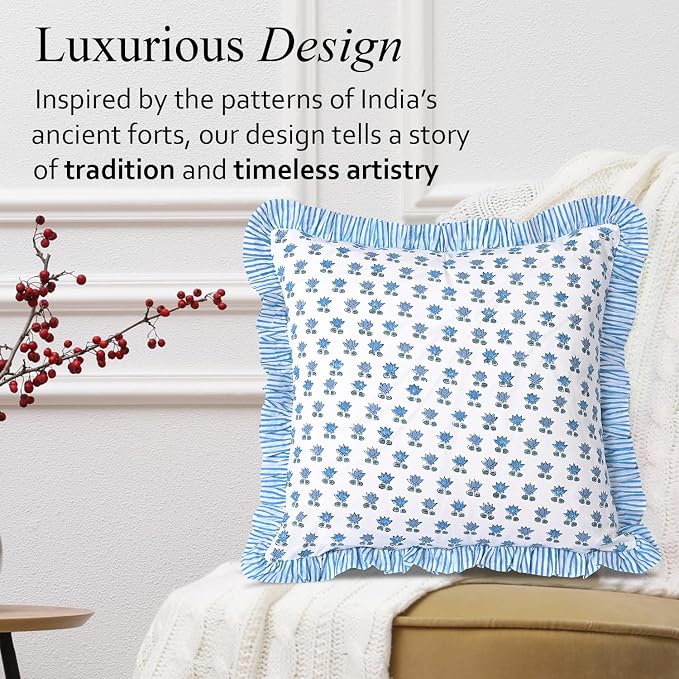 CPC Arctic Blue Hand Block Print 100% Cotton Ruffle Throw Pillow Cover 20x20 inch with Hidden Zipper Decorative for Couch, Bed, Sofa, Farmhouse, Cottagecore Decor Gift Christmas Fall Thanksgiving