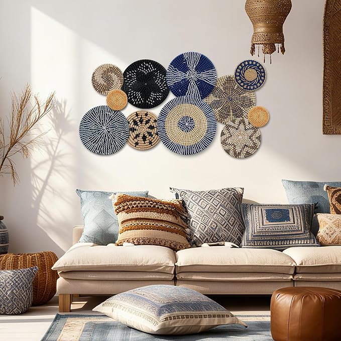 Tatuo 11 Pcs Boho Wall Basket Decor Bulrush Woven Wall Hanging Art Round Farmhouse Rustic Handmade Wicker for Summer Home, Bedroom, Living Room, Kitchen Decorations, Multi Sizes(Blue)