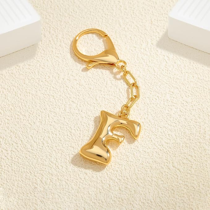 WOWORAMA Initial Letter Keychain for Women Chunky Gold Bubble Letter Bag Charm Purse Charm Personalized Keyrings Accessories