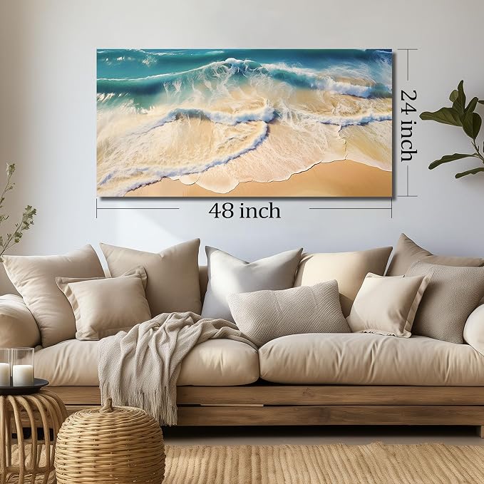 DNIEOTU Beach Canvas Wall Art for Living Room, Ocean Waves Wall-Decor for Bedroom, Landscape Picture Prints for Hallway Office, Size 47 x 24 Inches