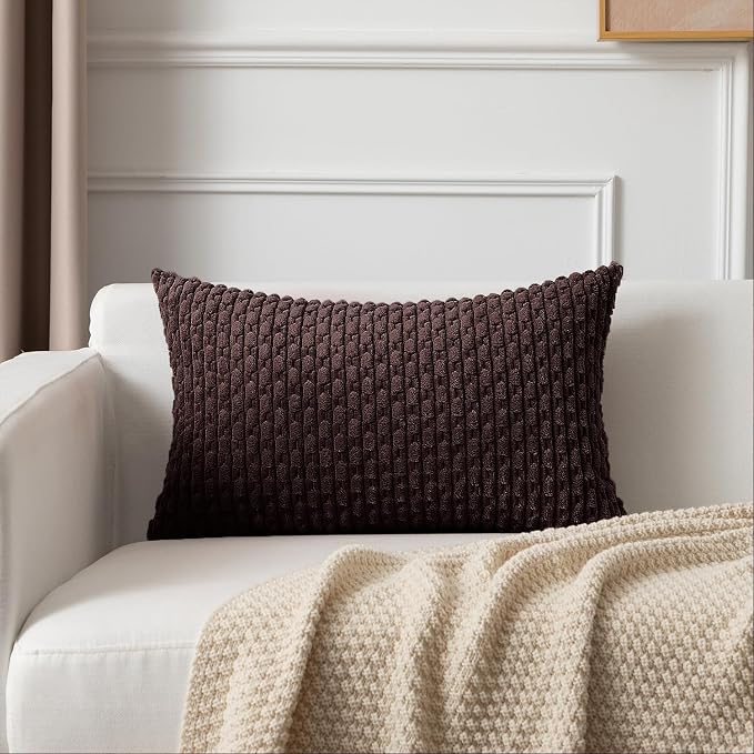 Kevin Textile Soft Corduroy 12"x24" Lumbar Pillow Cover 1 Pack, Coffee | Boho Stripe Plush Corduroy Decorative Oblong Cushion Cover Modern Farmhouse Home Decor for Sofa Couch Bed Chair