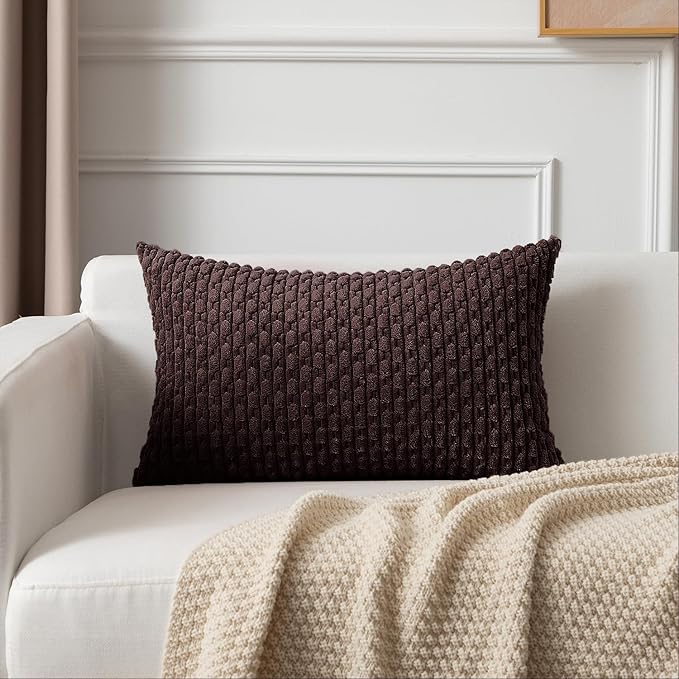 Kevin Textile Soft Corduroy 14"x22" Lumbar Pillow Cover 1 Pack, Coffee | Boho Stripe Plush Corduroy Decorative Oblong Cushion Cover Modern Farmhouse Home Decor for Sofa Couch Bed Chair