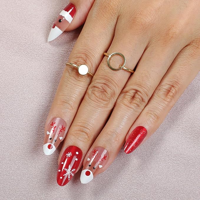 Christmas Press on Nails Glitter Fake Nails Red False Nail with Snowflakes Design Elk Glue on Nails Glossy Full Cover Xmas Artificial Acrylic Santa Claus Stick on Nail for Women Manicure 24Pcs