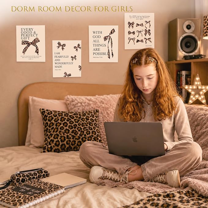 LARTSFRO Coquette Leopard Bow Wall Art Decor Posters, Y2K Cheetah Print Room Decor Aesthetic Bible Verses Inspirational Wall Art for Teen Girls Bedroom Dorm Bathroom, 10x8 Inch Set of 4 Pcs Cheetah Bow Pictures (UNFRAMED)