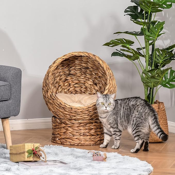 PawHut Handwoven Elevated Cat Bed for Indoor Cats 23.5" H Light Brown | Soft Cushion & Egg Chair Shape, Basket Bed Kitty House with Stand, Raised Wicker House