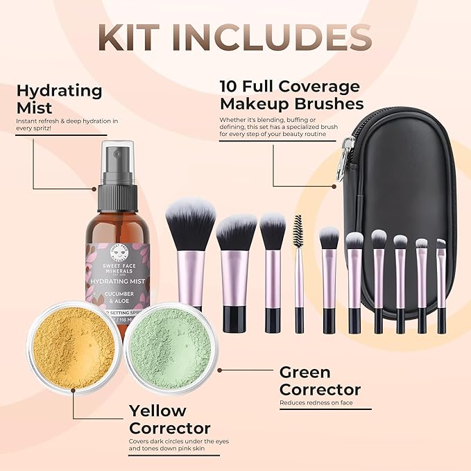 ULTIMATE KIT (BEIGE) Full Size Mineral Makeup Set Matte Foundation Kit Bare Face Sheer Powder Cover