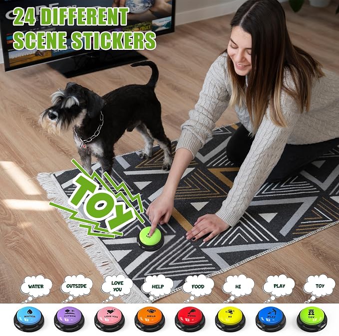 Dog Buttons for Communication, 8 Pack Recordable Talking Buttons for Dog Training with 30 Seconds Voice Recording | Includes Non-Slip Mat & Dog Bath Brush Present Set