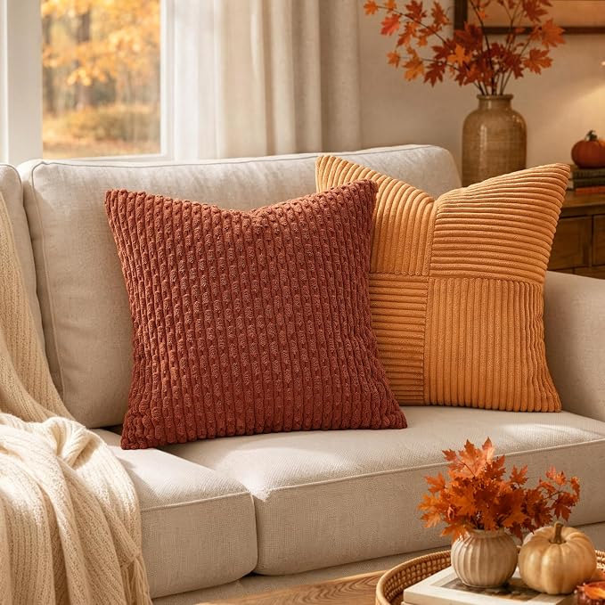 MIULEE Lumbar Fall Decorative Throw Pillow Covers 12x20 Rust Corduroy | Terracotta Textured Striped Pack of 2 Striped Pillow Covers Modern Farmhouse Autumn Home Decor for Couch Bed Sofa Living Room