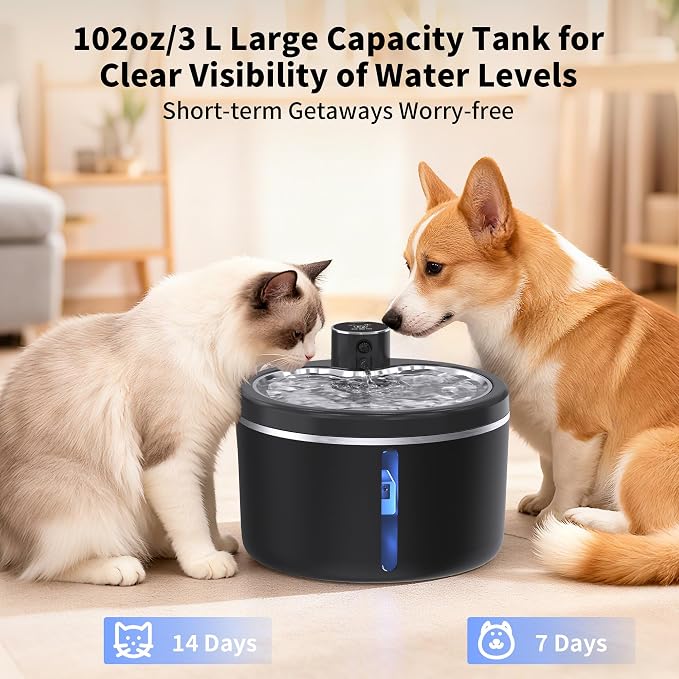 Cat Water Fountain Cordless, 108oz/3L Pet Fountains for Cats Indoor with Stainless Steel Tray, Battery Operated Cat Drinking Fountain with Motion Sens