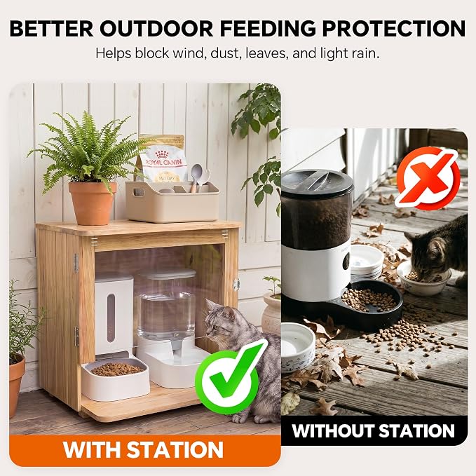 Outdoor Wooden Cat Feeding Station with Wall Anchor | Weather-Resistant, Fits 2 Automatic Feeders or Bowls, 1-Gal Water Dispenser, Cable Port, For Stray, Feral & Community Cats