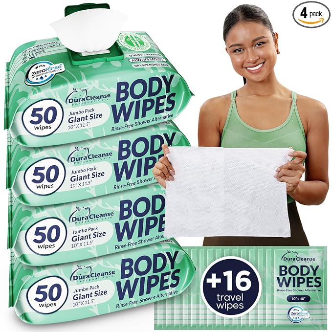 XL Body Wipes for Women, No Rinse Adult Bathing Wash Cloths - 4pk, 200 Shower Wipes + 16 Travel Bath Sheets -10"x11.5" Thick Cleansing Disposable Washcloths for Womens Hygiene & Elderly Incontinence