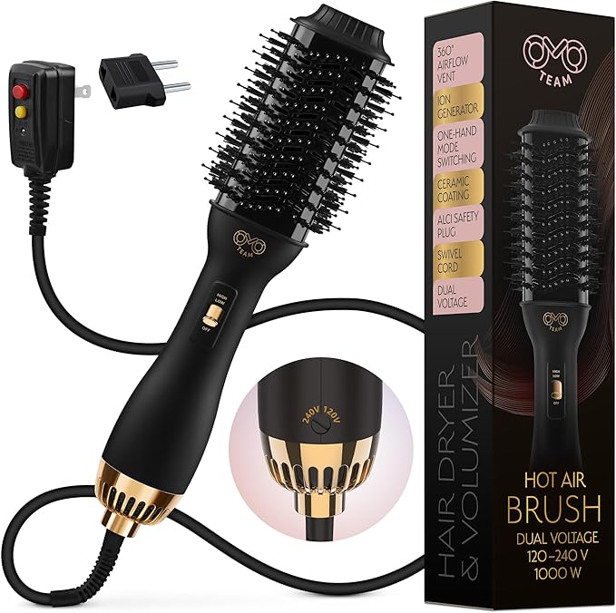 Professional Blowout Hair Dryer Brush, Manual Dual Voltage for European Travel 110V-120V/220V-240V, Black Gold Dryer and Volumizer, Hot Air Brush for Women, 2.4 INCHES Oval Shape