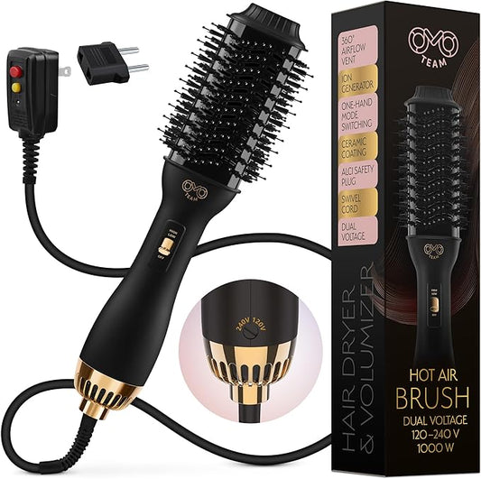 Professional Blowout Hair Dryer Brush, Manual Dual Voltage for European Travel 110V-120V/220V-240V, Black Gold Dryer and Volumizer, Hot Air Brush for Women, 2.4 INCHES Oval Shape