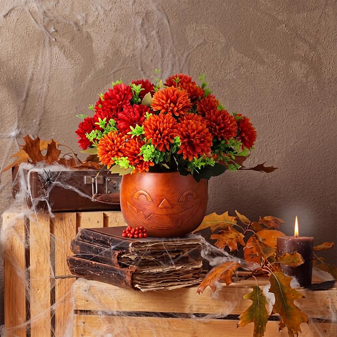 SiliFine Halloween Pumpkin Bucket with Artificial Flowers Halloween Vase | 6 Inch, Pumpkin Vase Planter Pot, Halloween Floral Centerpiece, Halloween Candy Holder, Desktop, Indoor Outdoor Holiday Decor