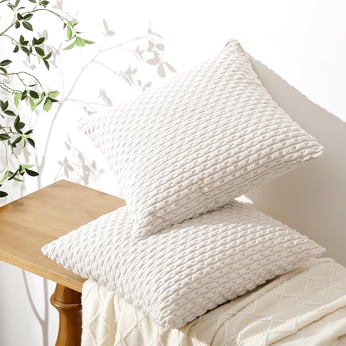 Softalker Corduroy Decorative Throw Pillow Covers 16x16, Set of 2, Beige | Soft Boho Striped Pillow Cases, Couch Fluffy Cushion Covers for Farmhouse Home Decor Bed Living Room