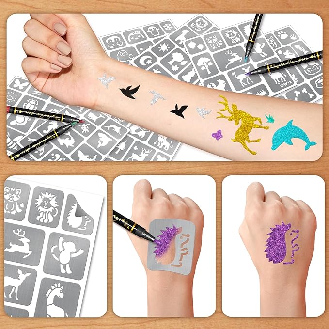 Temporary Tattoo Markers for Skin, 8 Temporary Tattoo Markers + 142 Cartoon Tattoo Stencils for Kids Teens, Flexible Brush Tip & Bright Colors Body Marker and Fake Tattoo Stencil Set for Party Favor