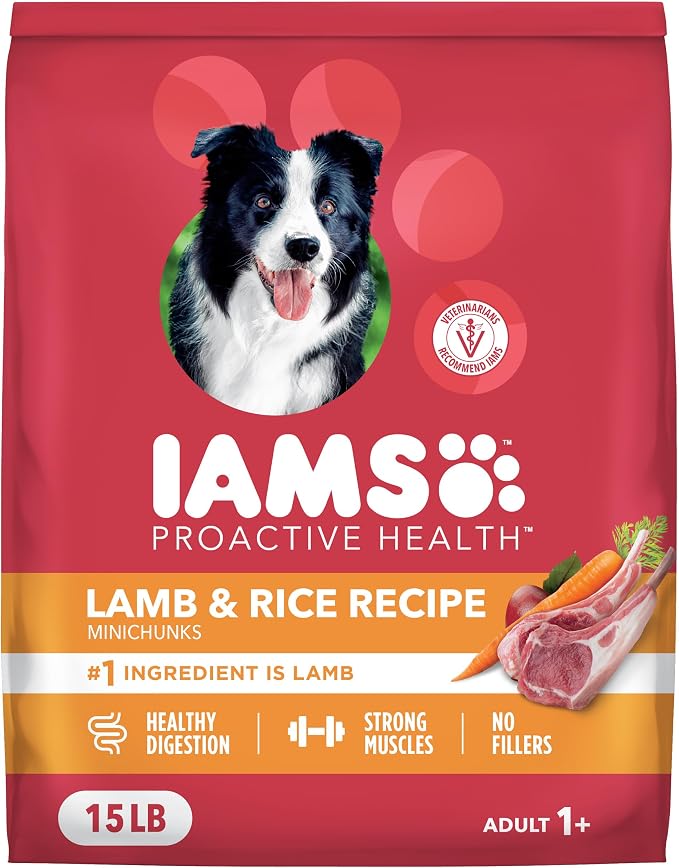 IAMS Proactive Health Minichunks Dry Dog Food, Lamb & Rice, 15 lb | Real Lamb #1 Ingredient, Omega-6 Fatty Acids for Skin & Coat, Natural Fiber & Prebiotics, No Fillers or Artificial Flavors