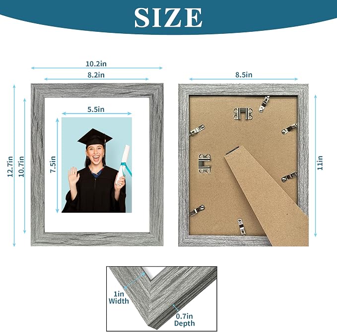 Hongkee 8.5 x 11 Picture Frame Set of 4, Made of Real Glass and Grey Certificate & Diploma Frame, 8.5 by 11 Photo for Wall or Tabletop - Display Picture 6x8 with Mat or 8.5x11 Without Mat