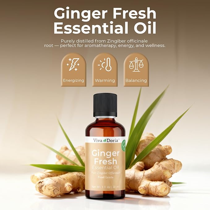 Viva Doria Ginger Essential Oil, 100% Pure Natural, Fresh Ginger Essential Oil, Undiluted, for Aromatherapy | Food Grade, 30 mL (1 Fluid Ounce)