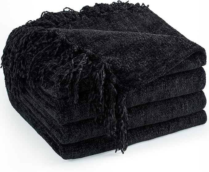Chenille Throw Blanket for Couch 50" x 60", Black | Soft Cozy Luxury Throws with Fringe Tassel, Living Room Bed Sofa Chair Cover, Lightweight Knitted Boho Blankets Home Decor