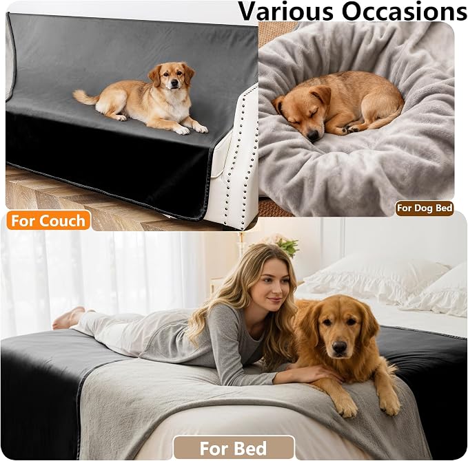 Waterproof Blanket - Reversible Dog Throw as Furniture Protector | Soft Velvet & Flannel, TPU Leak-Proof Liner, Machine Washable, Fits Couch and Bed, 52" x 82", Black/Lightgrey