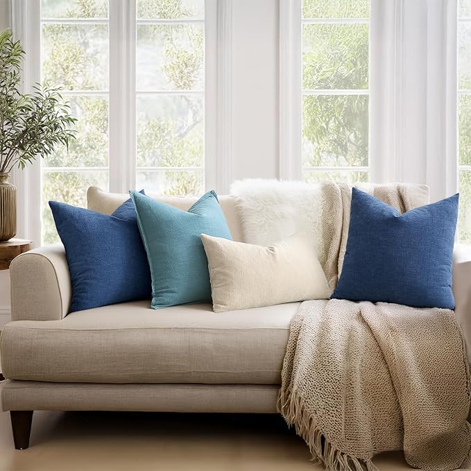 MIULEE Navy Blue Chenille Couch Lumbar Throw Pillow Covers, 12x20 | Set of 2, Soft Coastal Home Decor, Modern Farmhouse Decorative Pillowcases for Sofa Living Room Bed