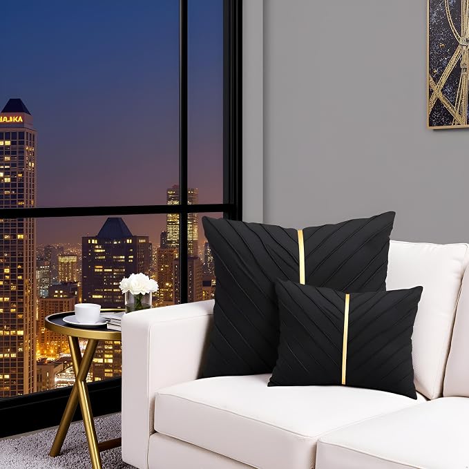 Velvet Throw Pillow Covers 16x16 inch Pack of 2 Gold Decor Black | Soft Solid Pillow Covers,Modern Luxury Home Decor,for Couch Chair Sofa Bedroom Livingroom,Hidden Zipper,Ideal Gift,Easy Care