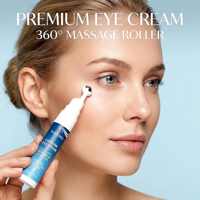 Caffeine Eye Cream with 360° Roller, Depuffing Serum with Caffeine, Collagen, Hyaluronic acid, Hydrating Under Eye Cream Firming Gel Reduce Puffiness, Dark Circle, Fine Lines & Bags, 0.5 Oz