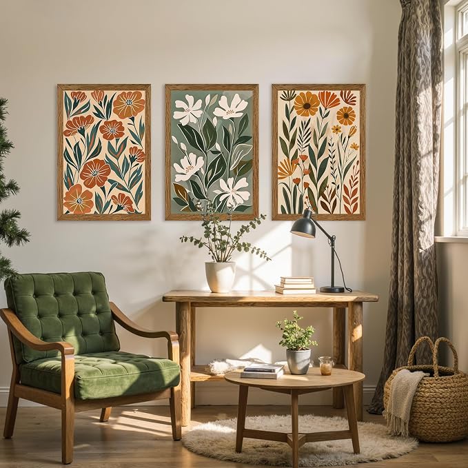 Urmoya 3 Pieces Boho Floral Decor Flower Market Wall Art, 20x30 Inch | Wood framed, Chic green and beige botanical trio, Ready to hang, for living room, Office, or guest bedroom home decor