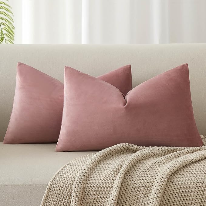 12x20 Decorative Lumbar Velvet Throw Pillow Covers Set of 2,Pink Purple | JUSPURBET Cozy Soft Pillowcases with Invisible Zipper for Modern Couch Sofa Bed Living Room Bedroom Home Decor