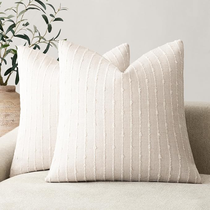 Foindtower Pack of 2 Decorative Jacquard Boucle Throw Pillow Covers Accent Textured Striped Pillowcases Soft Boho Modern Cushion for Couch Sofa Bedroom Living Room Home Decor 22x22 Inch Cream White