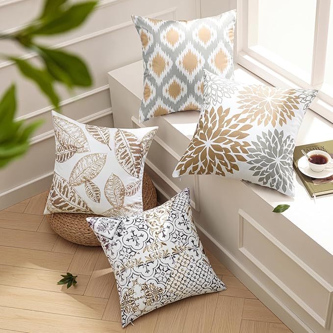 Phantoscope Set of 4 New Living Series Leaf Geometric Throw Decorative Pillow Cover Cushion Cover, Coffee, 22 x 22 inches, 55 x 55 cm
