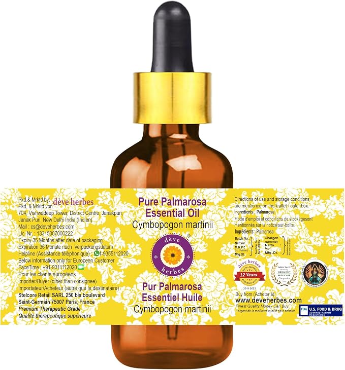 Deve Herbes Pure Palmarosa Essential Oil (Cymbopogon martinii) with Glass Dropper Steam Distilled 100ml (3.38 oz)