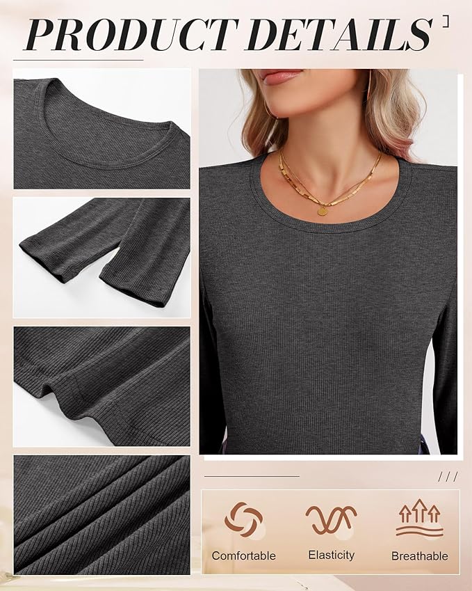 Ficerd 3 Pack Women's Ribbed Long Sleeve Tops, Crew Neck Slim Fit Undershirts Knit Basic Casual Stretch Layering Tee Shirts