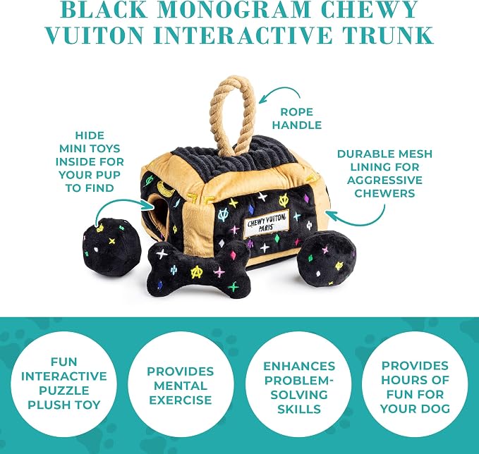 Haute Diggity Dog Chewy Vuiton Trunk Puzzle with 3 Plush Squeaky Dog Toys