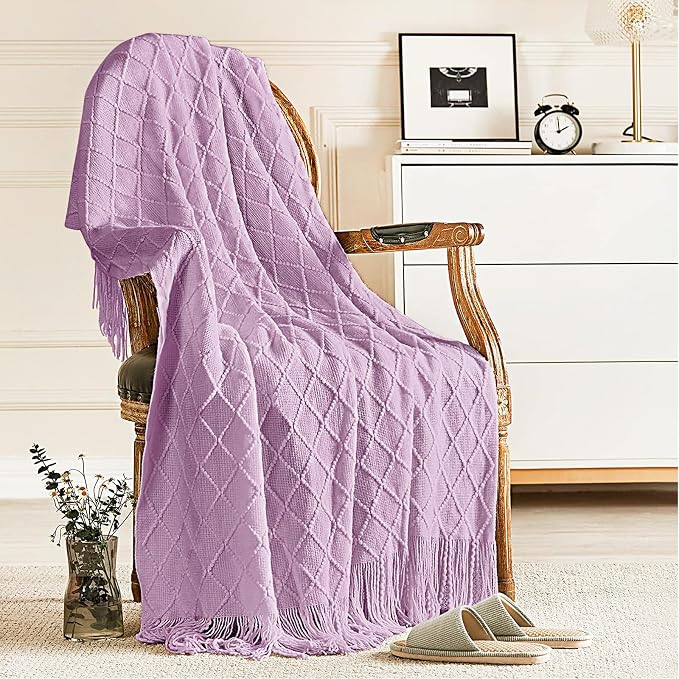 inhand Light Purple Knitted Throw Blanket for Couch and Bed, 50"x60" | Soft Living Room Home Decor Knitted Blanket, Tassel, Outdoor Lightweight Breathable , Farmhouse Warm Woven Decorative