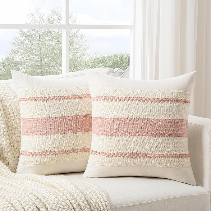Fancy Homi Set of 2 Boho Pink Big Decorative Throw Pillow Cover 24x24 Inch for Couch Bed Bedroom, Aesthetic Modern Organic Farmhouse Room Decor, Soft Cotton Accent Macrame Woven Cushion Case