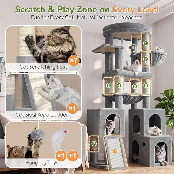 Globlazer Tall Cat Tower for Indoor Adult Cats, 72-inch, S72G, Light Grey | Heavy Duty Cat Tree House for Big Cats with 2 Extra-Large Padded Platform, 7 Sisal Scratching Posts, 3 Large Condos