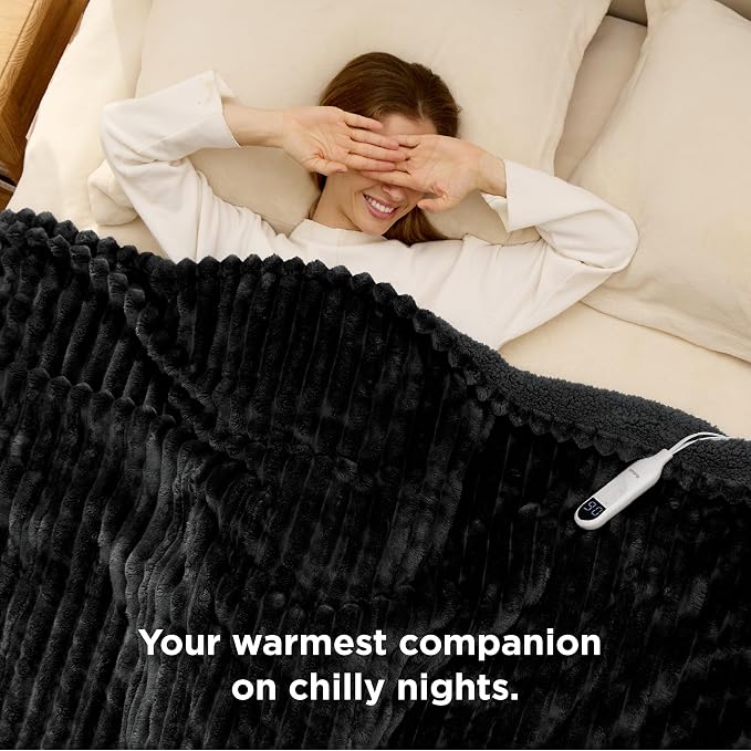 Bedsure Heated Blanket Full Size - Thick Striped Fast Heating Electric Blanket with Preheat Function, 6 Heat & 6 Timer (Up to 10H), 8H Auto Off, ETL Certified, Gift for Grandma (72"x84", Black)